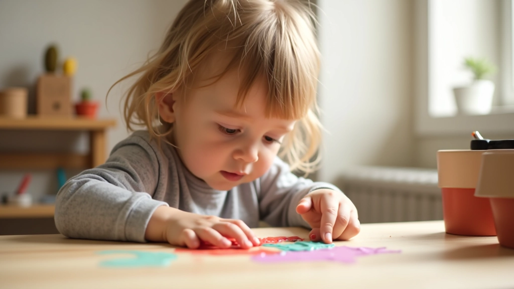 Criança pequena concentrada pintando com dedos em papel branco sobre mesa de madeira clara