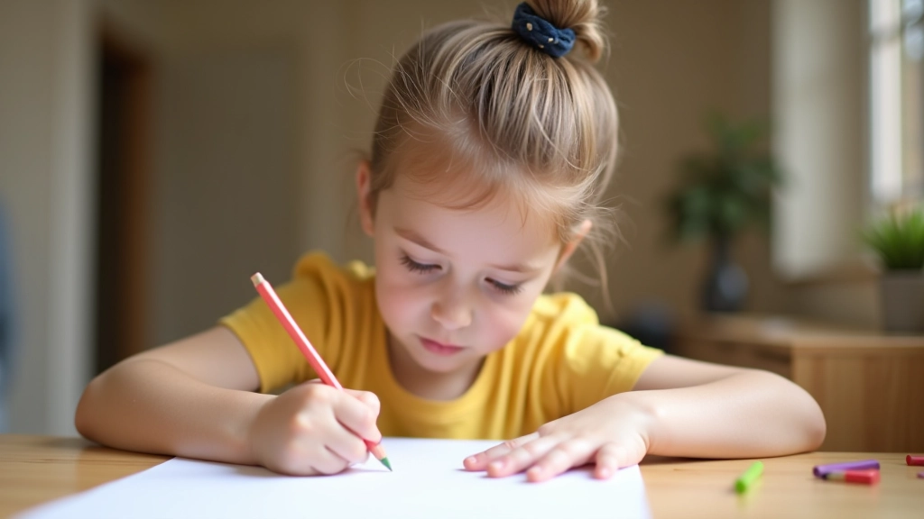 Criança de 4 anos desenhando com lápis de cor num papel, concentração genuína, mesa de madeira clara, luz natural