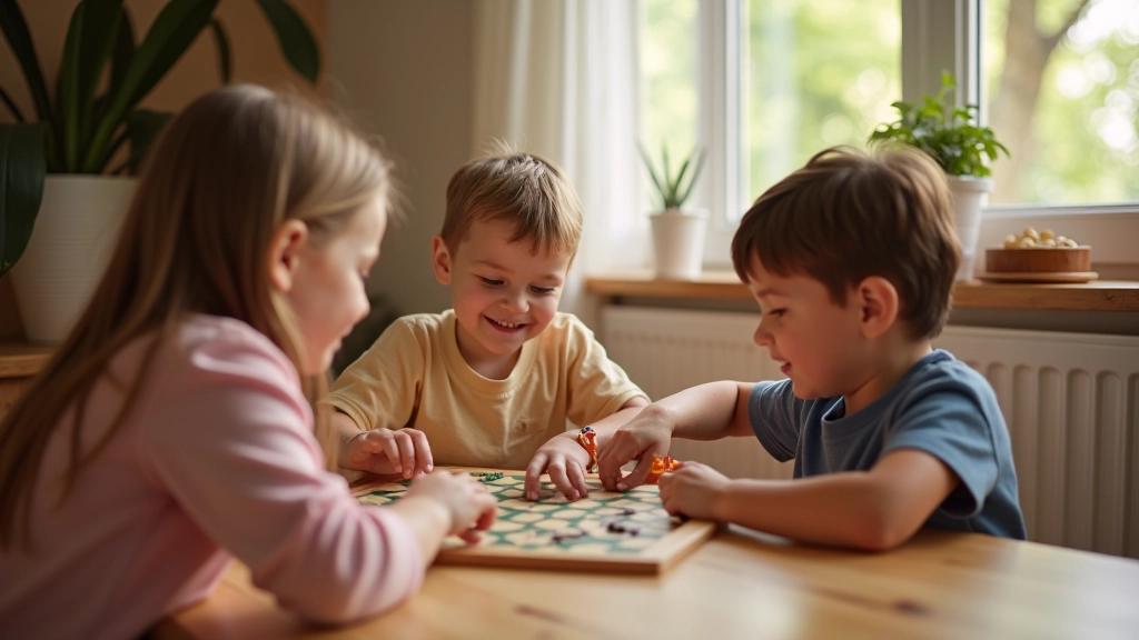Crianças de diferentes idades jogando um jogo de tabuleiro juntas à volta de uma mesa de madeira, com sorrisos e concentração, luz natural suave