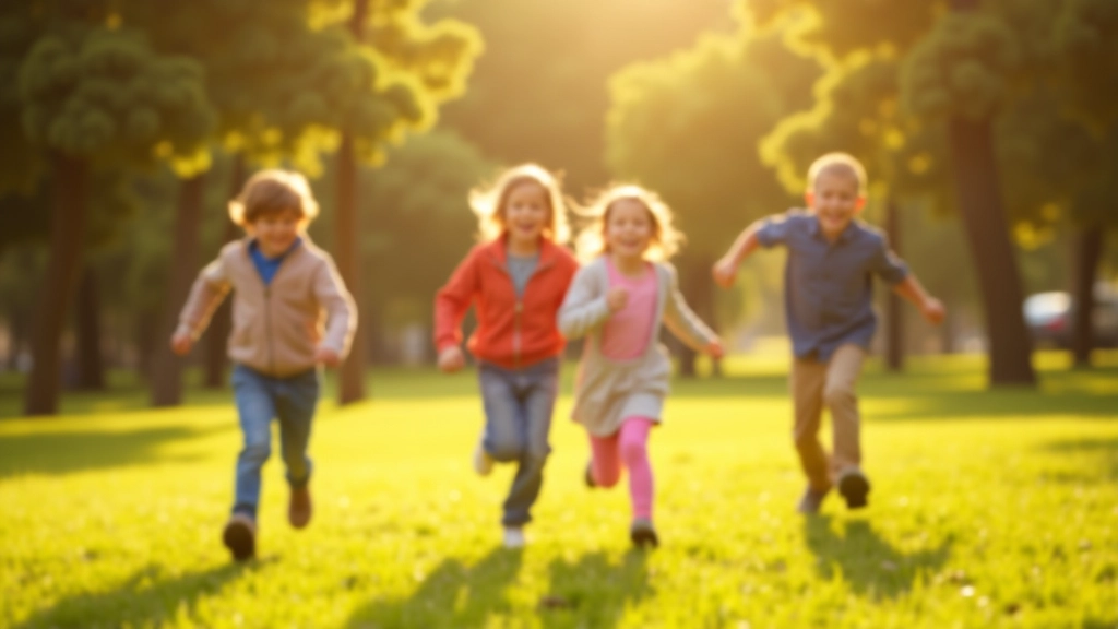 Crianças brincando ao ar livre num parque com elementos de natureza e movimento
