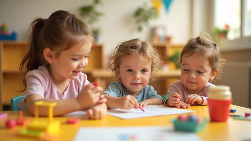 Crianças e pais num ambiente de aprendizagem criativa e acolhedor