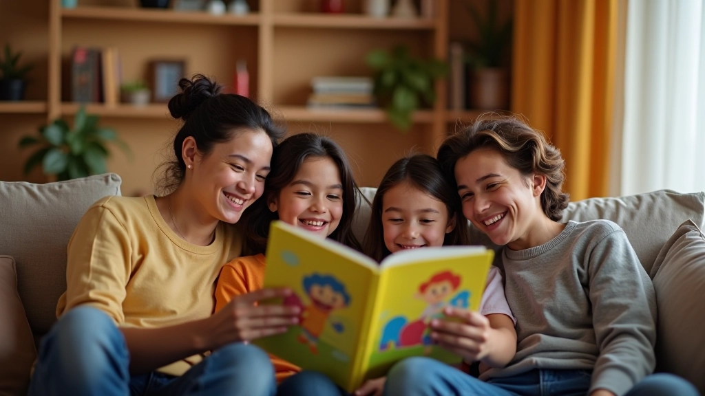 Família passando tempo junto no sofá, pais e dois filhos lendo um livro ilustrado