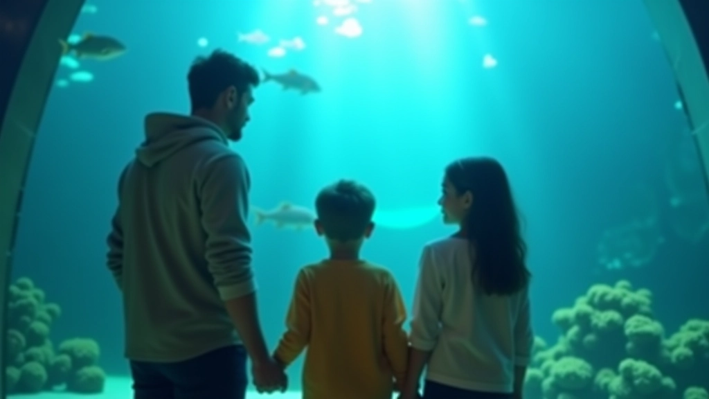 Casal com criança pequena visitando o Oceanário de Lisboa, observando peixes coloridos no aquário