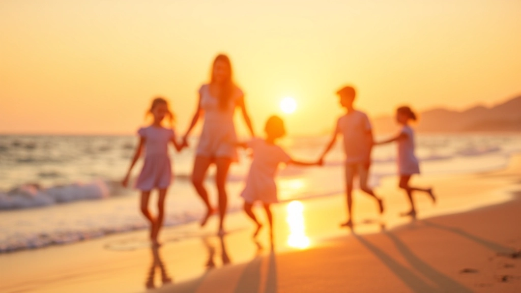 Família numa praia tranquila ao pôr do sol, crianças brincando na areia enquanto pais observam, atmosfera relaxada e feliz
