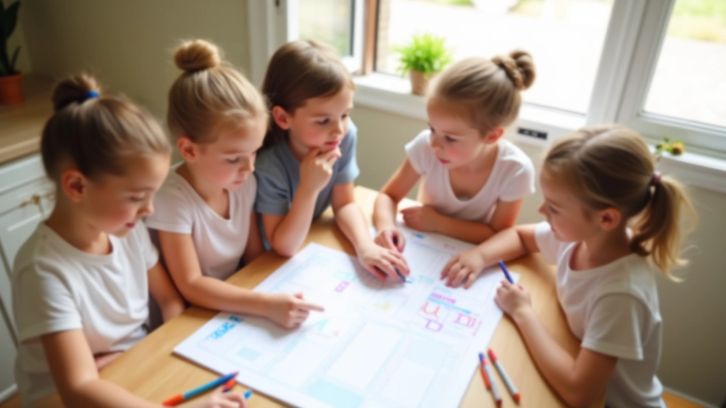 Pais e filhos de diferentes idades reunidos numa mesa de cozinha, consultando um calendário e fazendo anotações com cores diferentes para cada atividade
