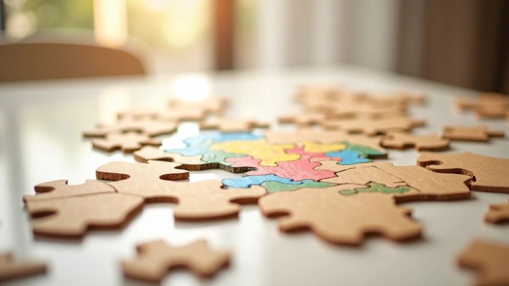 Puzzle caseiro feito de papelão com peças coloridas desenhadas à mão, algumas peças já montadas