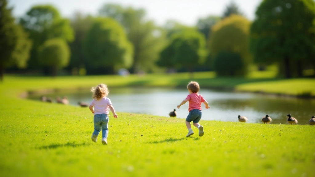Crianças correndo num parque aberto com lago ao fundo, ducks na água, grama verde