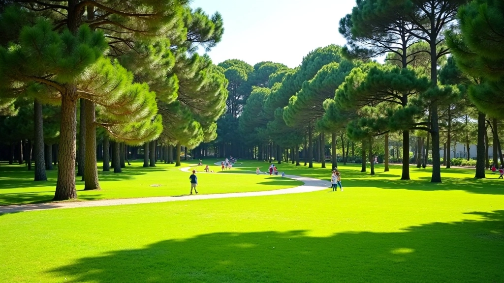 Crianças brincando num espaço aberto gramado com floresta de pinheiros ao fundo, trilho visível