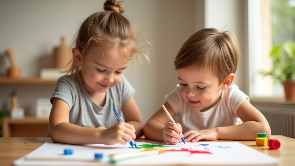 Mãe e criança pequena fazendo atividade manual com tinta colorida na mesa de madeira