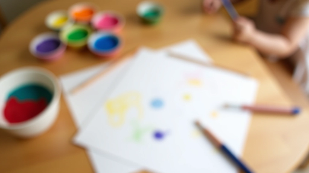 Taça com tinta caseira colorida feita com corante alimentar, pincel e papel branco ao lado, luz natural suave