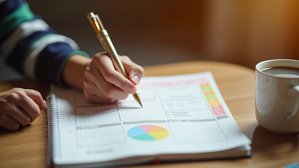 Mão de adulto escrevendo numa agenda semanal colorida com marcadores, anotando atividades do fim de semana ao lado de uma chávena de café