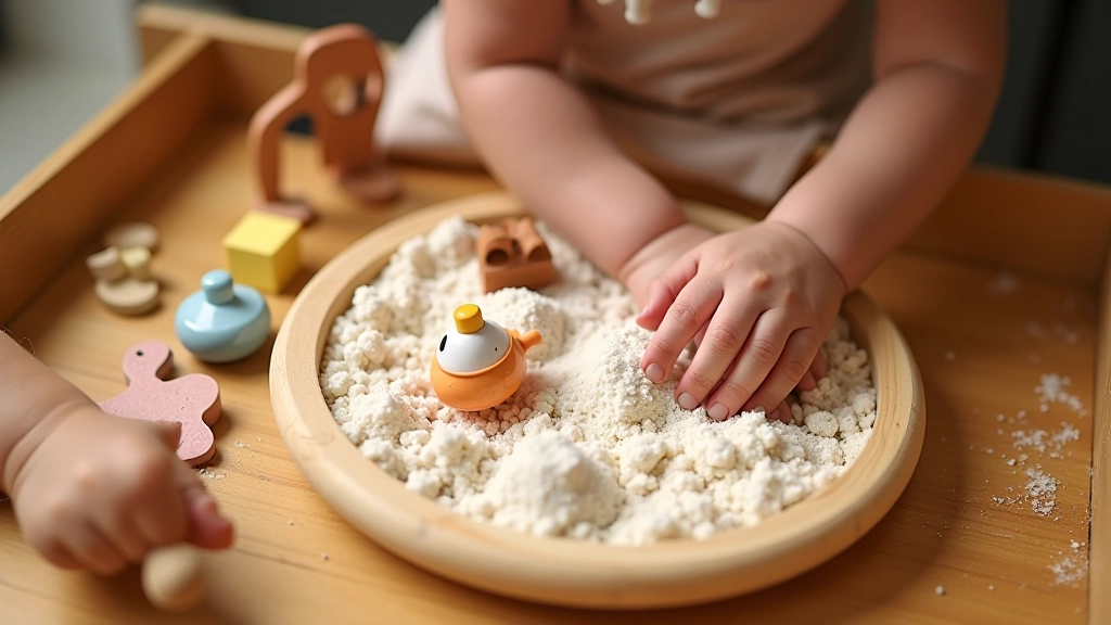 Bandeja com areia caseira feita de açúcar e sal, brinquedos pequenos espalhados para exploração sensorial