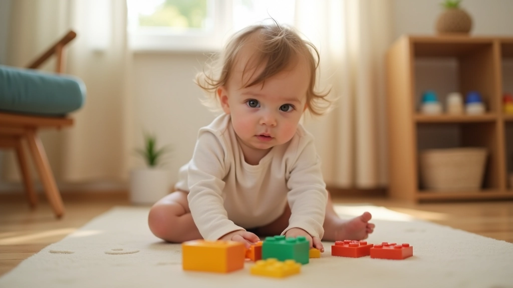 Criança de 2 anos brincando com blocos coloridos no chão, concentrada, luz natural de janela, ambiente doméstico caloroso
